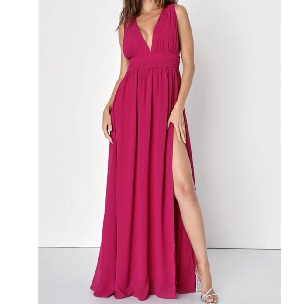 Lulu’s Womens Heavenly Hues Magenta Maxi Dress Deep V Evening Formal Prom XS